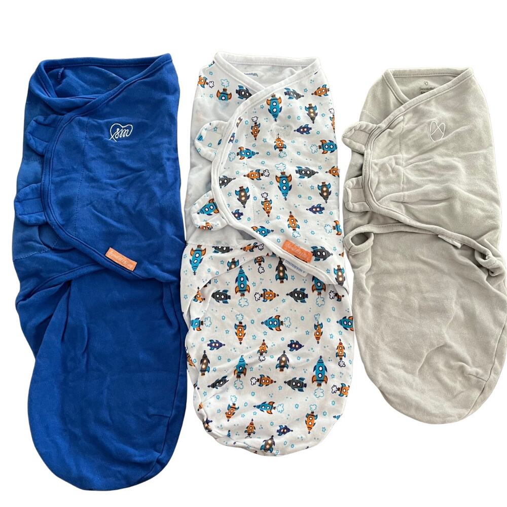 SwaddleMe Swaddle Bundle Lot of 3 Blue Gray Starship Sm/Med Large Cotton